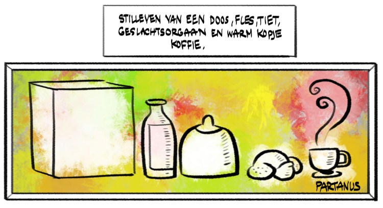 cartoon, stilleven, kunst, schilderij, doos, fles, tiet, genitaliën, koffie