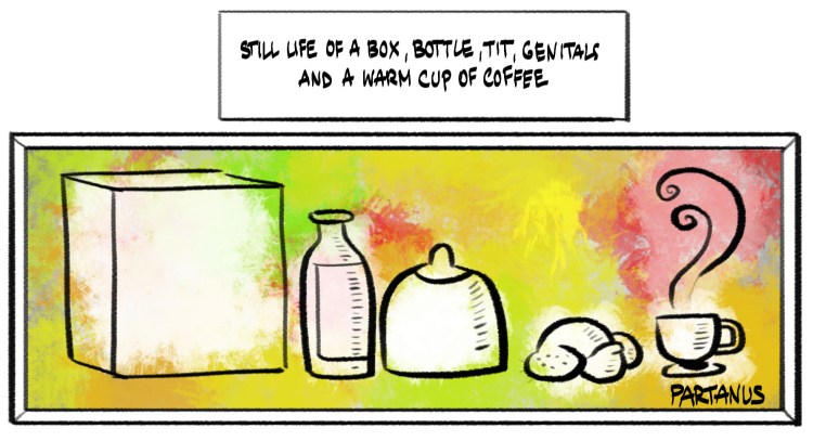 cartoon, painting, art, genitals, cup of coffee, tit, box, bottle 
